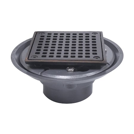 Jones Stephens 2inX3in PVC Shower Drain, 2in Brass Spud, 4-1/4in Square Old World Bronze Strainer, Grout Ring D5094WB